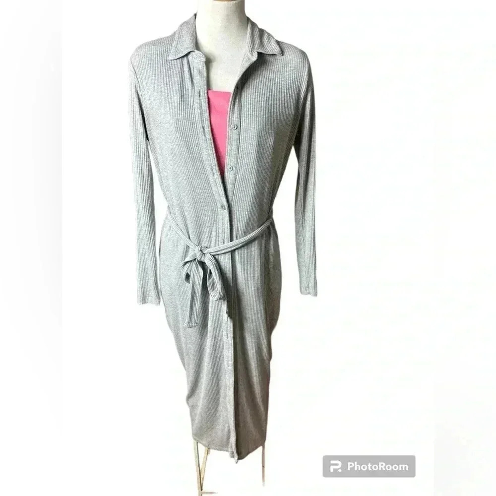 Ladies woman’s cardigan ribbed dress grey small button down shirt dress p-p 22